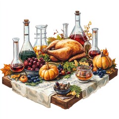 A Thanksgiving feast with science-themed decorations clipart, beakers, test tubes, and equations, cozy and fun, digital painting, isolated on white background