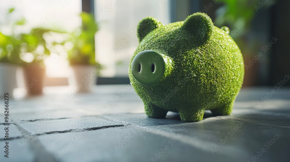 Aufkleber green piggy bank on the floor representing concepts of saving banking and sustainable environmentall