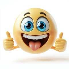 A cheerful, animated smiley face emoji with big blue eyes, sticking its tongue out and giving thumbs up, Perfect for depicting happiness, approval, fun
