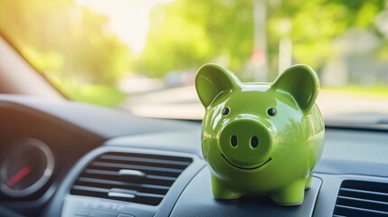 Green piggy bank inside a car symbolizing vehicle purchase insurance or motoring costs