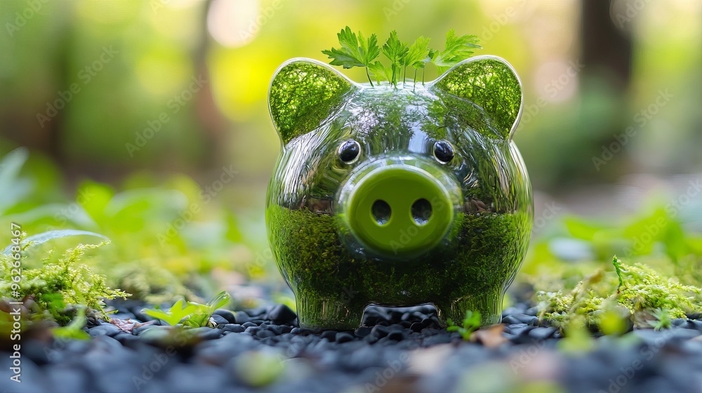 Aufkleber green piggy bank on the floor representing concepts of saving banking and sustainable environmentall