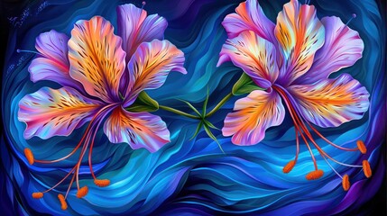 A vibrant digital painting of two hibiscus flowers against a swirling blue background.
