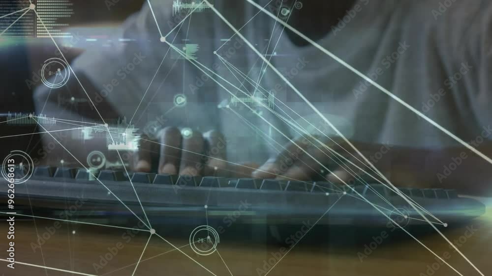 Poster typing on keyboard, person working with data processing animation over hands