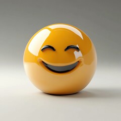 Fototapeta premium A vibrant, glossy, yellow smiley face with a beaming expression on a neutral background, ideal for conveying positivity, happiness, and joy in digital projects, marketing materials