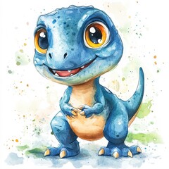 Obraz premium A cute cartoon dinosaur with big eyes, painted in vibrant watercolor, stands smiling against a colorful splatter background, ideal for children's books, educational material, or playful design themes