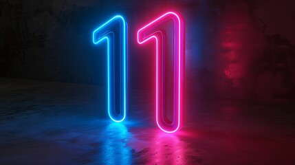 Neon Number Eleven in Blue and Pink on Dark Background