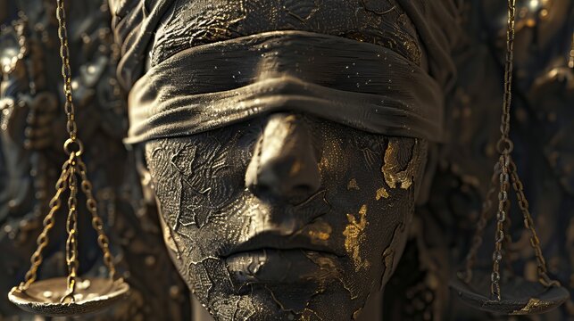 A philosophical conceptual image of ethical justice, using blindfolds and balanced scales to symbolize the concept of impartiality and fairness
