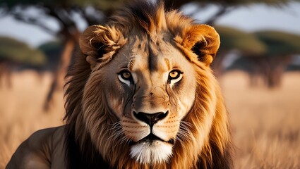 Fototapeta premium Immerse yourself in the untamed beauty of the savannah with this stunning close-up portrait of a lion, captured in its most intense and natural form.