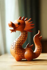 A beautifully crafted wooden dragon sculpture with intricate scale details and a smooth finish sits elegantly on a wooden surface, perfect for home decor, cultural presentations