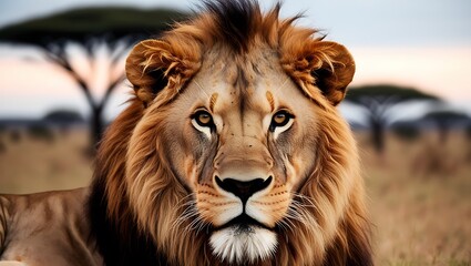 Fototapeta premium Immerse yourself in the untamed beauty of the savannah with this stunning close-up portrait of a lion, captured in its most intense and natural form.