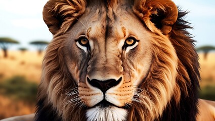 Fototapeta premium Immerse yourself in the untamed beauty of the savannah with this stunning close-up portrait of a lion, captured in its most intense and natural form.