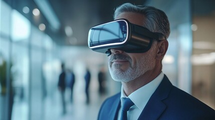 testing futuristic business technology in an office with a mature businessman and develop team using vr glasses and virtual devices for immersive collaboration and software innovation