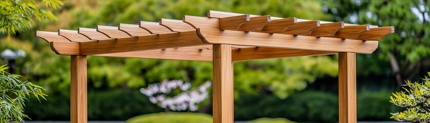 Fototapeta premium Japanese Style Wooden Trellis, zen garden, bamboo, bonsai, cherry blossoms, tranquil water features, minimalist design, harmonious balance