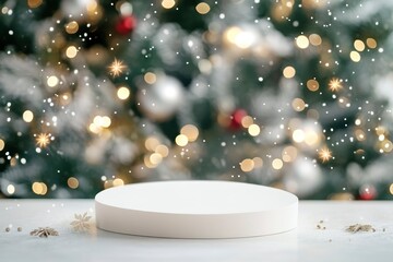 Empty christmas background. Christmas tree backdrop. Xmas holiday celebration blank pedestal. White table top in front, winter celebration bokeh effect. Happy New Year banner with generative ai
