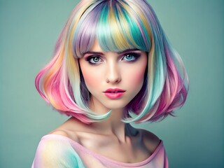 Naklejka premium Vibrant, pastel-colored hair cascades down the back of a stylish young woman with a bold, asymmetrical fringe and delicate, petite facial features in a playful pose.