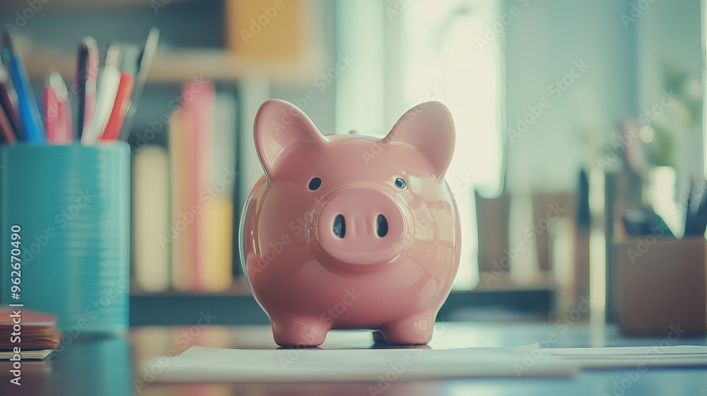 Poster piggy bank surrounded by business items representing the concept of business and finance in a vintag