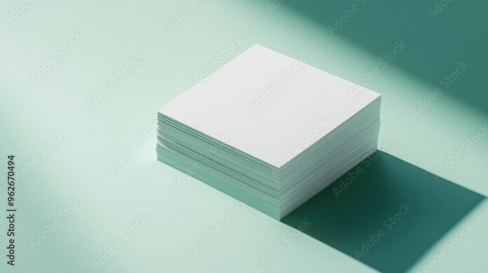 Poster a stack of blank white paper on a soft teal background, emphasizing simplicity and minimalism.