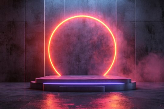 Empty Podium Display Stage Thunder Flash Sale Entertainment Advertise Neon Laser Fluorescent Sci Fi Light Glowing On Concrete Room Abstract with generative ai