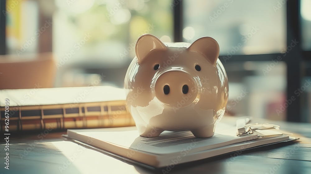 Poster piggy bank surrounded by business items representing the concept of business and finance in a vintag