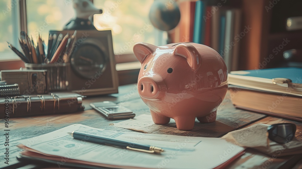 Poster piggy bank surrounded by business items representing the concept of business and finance in a vintag