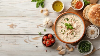 Bechamel sauce in a ceramic bowl, paired with baked dishes and fresh ingredients on a rustic wooden table.