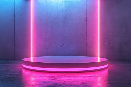 Empty Podium Display Stage Thunder Flash Sale Entertainment Advertise Neon Laser Fluorescent Sci Fi Light Glowing On Concrete Room Abstract with generative ai
