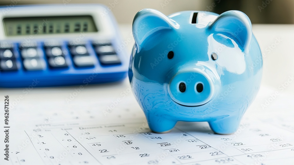 Fototapete piggy bank with a blue calculator and calendar on a white background representing financial goals an