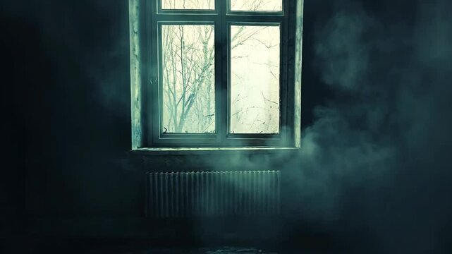 Exploring an eerie abandoned room with fog and a solitary window in an old building at dusk