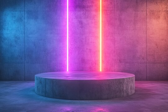 Empty Podium Display Stage Thunder Flash Sale Entertainment Advertise Neon Laser Fluorescent Sci Fi Light Glowing On Concrete Room Abstract with generative ai