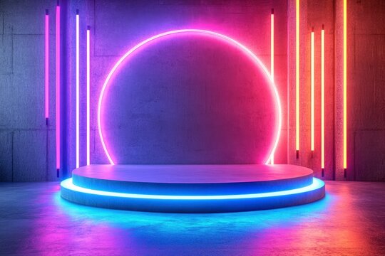 Empty Podium Display Stage Thunder Flash Sale Entertainment Advertise Neon Laser Fluorescent Sci Fi Light Glowing On Concrete Room Abstract with generative ai