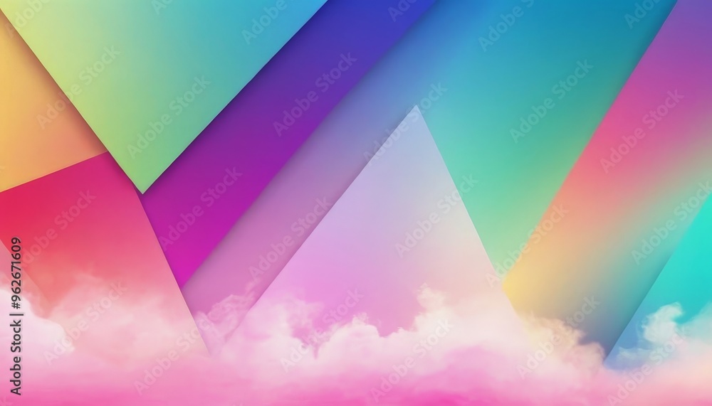 Poster abstract background with colorful geometric shapes and clouds.