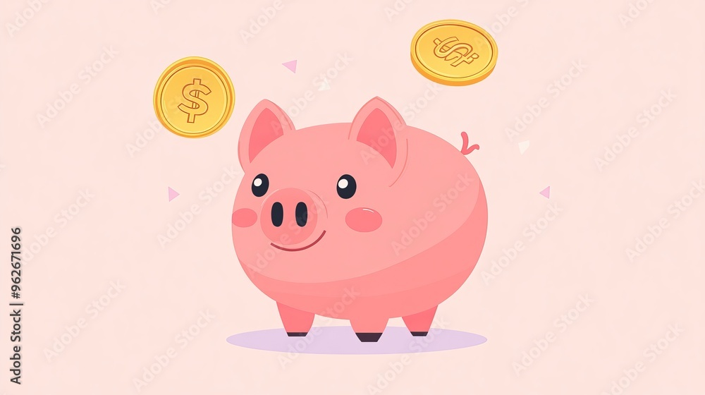 Poster pink piggy bank with a dollar coin in a flat vector illustration representing the concept of saving 