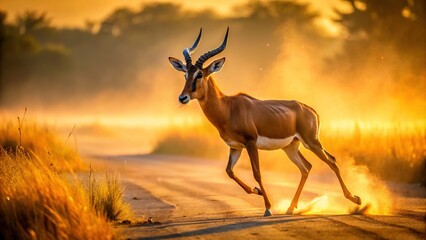 Across the sun-kissed African savannah, a majestic plains antelope with reddish-brown coat dashes swiftly, leaving behind a trail of dusty footprints in its wake.