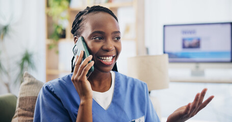Black woman, nurse or talk on sofa in phone call, contact or chat for news update in home....