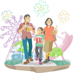 遊園地を楽しむ家族のイラスト