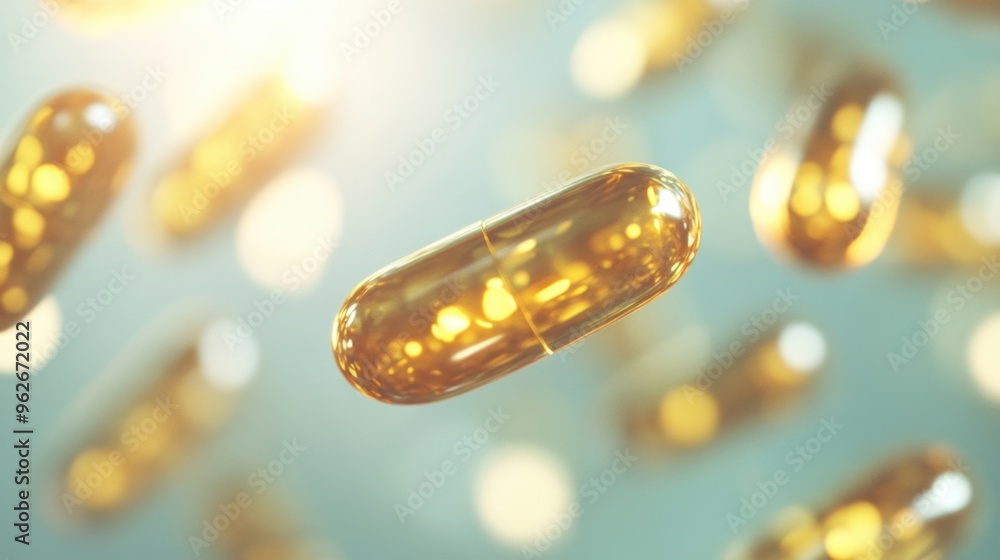 Poster golden capsules float gracefully in soft light, creating a calming and ethereal effect in a bright, 