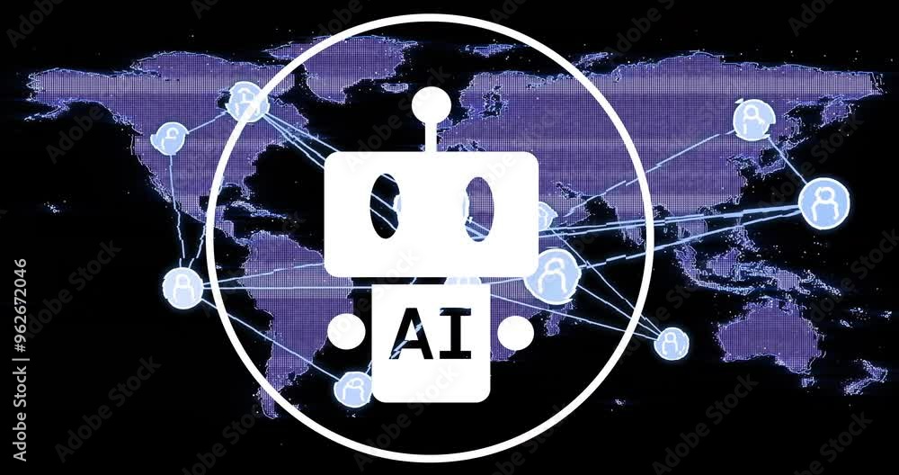 Poster ai robot icon and network connections animation over world map background