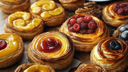 Delicious pastry display featuring assorted fruit danishes in a bakery setting on a sunny afternoon - Powered by Adobe