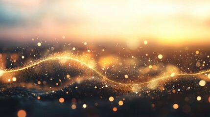 A mesmerizing golden wave flows serenely, illuminated by sparkling lights as the sun sets, casting a warm glow over the landscape