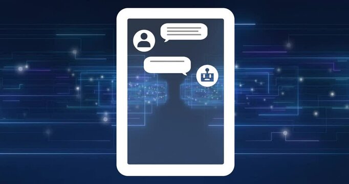 Chat bubbles and user icons animation over digital network background