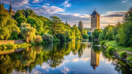 Tranquil riverbank featuring a historic tower surrounded by nature's peaceful signs , peaceful, riverbank, historic tower