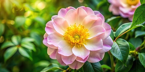 Obraz premium A delicate, velvety-petaled flower with yellow centers and soft pink hues peeks from lush green foliage, adorned with intricate lacy details and subtle shimmer.