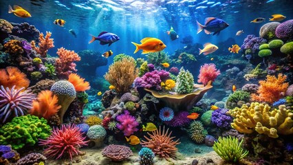 Vibrant aquatic life thrives in a serene, well-maintained glass tank filled with colorful coral, plants, and various species of fish swimming amidst bubbles and sunlight.