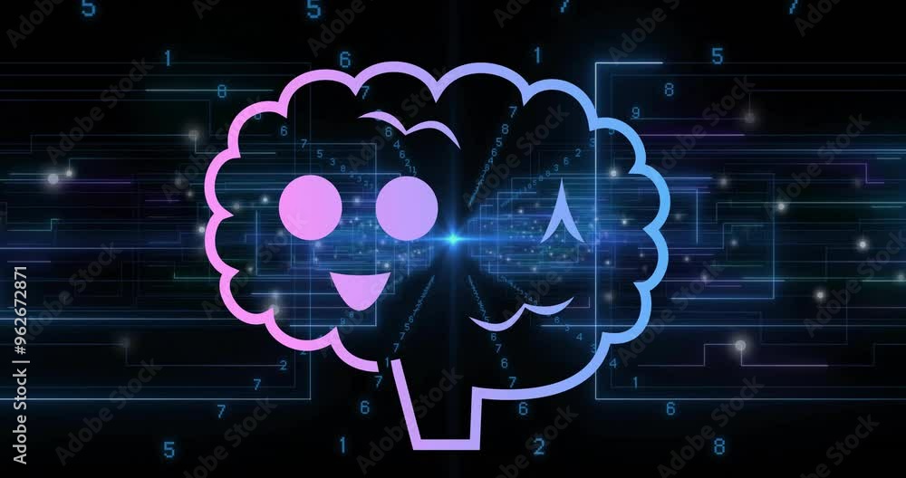 Poster brain with smiley face and numbers, digital data processing animation