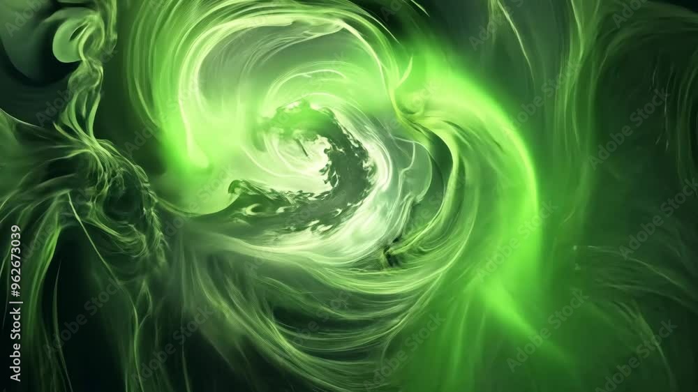 Poster exploring a mesmerizing swirling green vortex in a mystical forest at twilight
