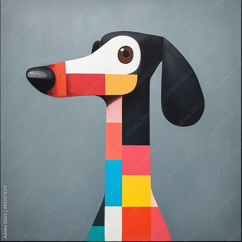 Poster abstract portrait of a dog with colorful geometric patterns.