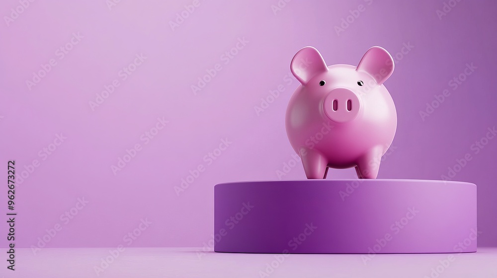 Aufkleber studio closeup of a piggy bank floating above a round podium against a purple background symbolizing