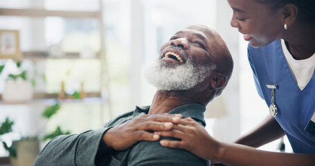 Elderly man, caregiver and holding hands for comfort with wheelchair, rehabilitation support and...