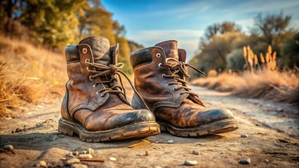 Adorned with scars, a pair of weathered boots discard their weary feet on a dusty trail, their laces frayed and faded, soles worn to the bone.