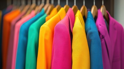 A variety of colorful suits hang on wooden hangers, showcasing a lively assortment of fashion choices in a boutique